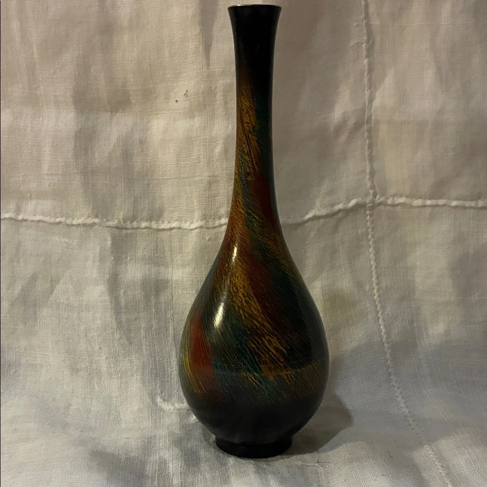 Toyo Vase W/ Original Sticker 7” Multicolor Ceramic Vase Metal Multicolor
